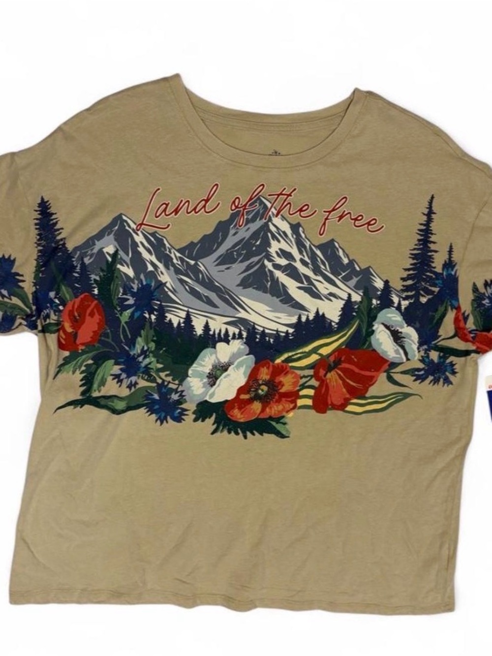 Tan 'Land of the Free'  Graphic Tee with Mountain & Floral Print